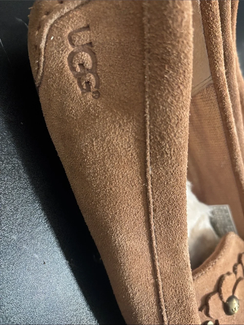 UGG Chestnut Suede Floral Studded Espadrille Flats